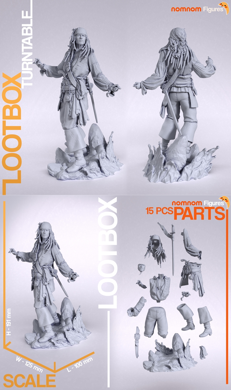 3D model of Jack Sparrow from Pirates of the Caribbean, wearing a red bandana, loose shirt, vest, and sash, holding a...
