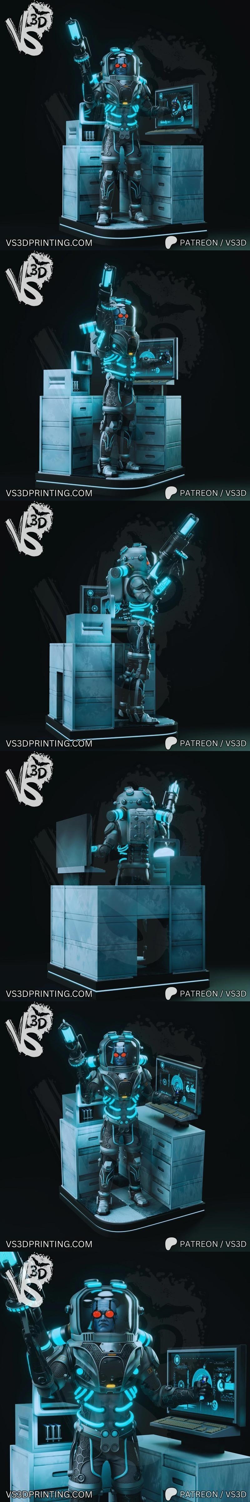 VS3D Mr. Freeze figure in cryogenic suit holding a cryo gun, standing in a lab diorama with computer and cabinets.