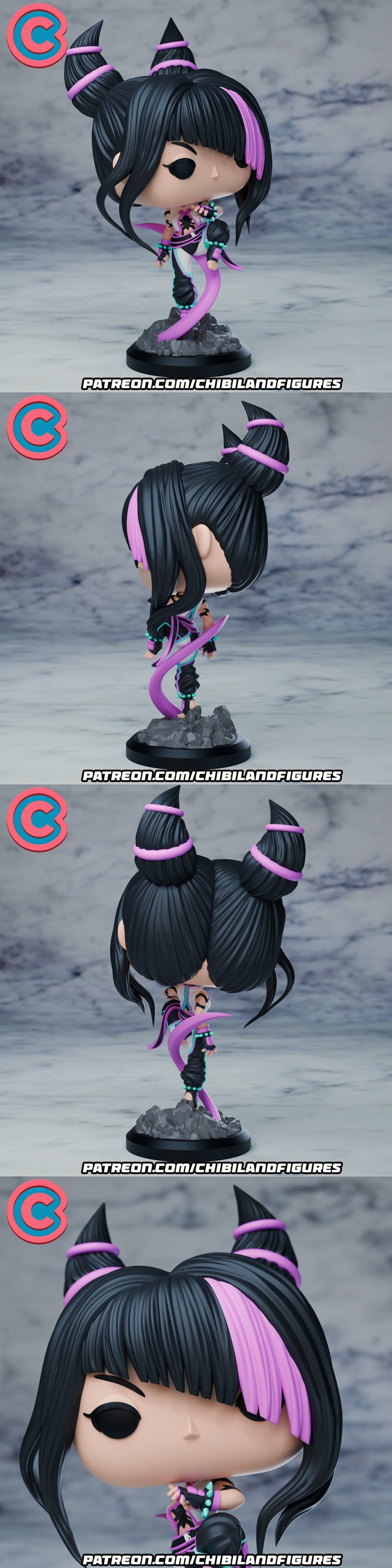 Chibi Juri figure from Street Fighter, black hair with pink streaks in twin buns, purple and black outfit, standing o...