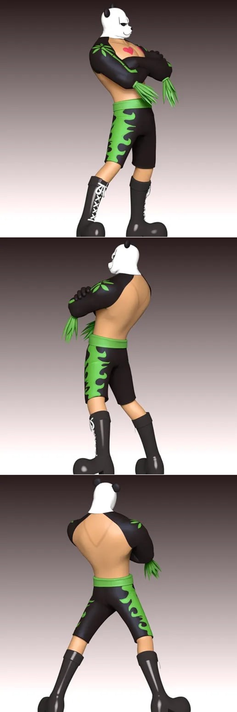 3D model of Pandaman from One Piece, a muscular character with a panda mask, red heart chest markings, and black and...