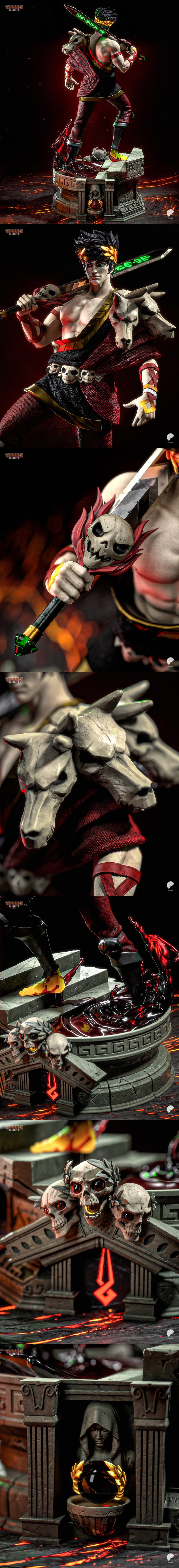 Zagreus from Hades game, standing heroically on a skull-adorned base, holding a glowing sword over his shoulder. Tanu...