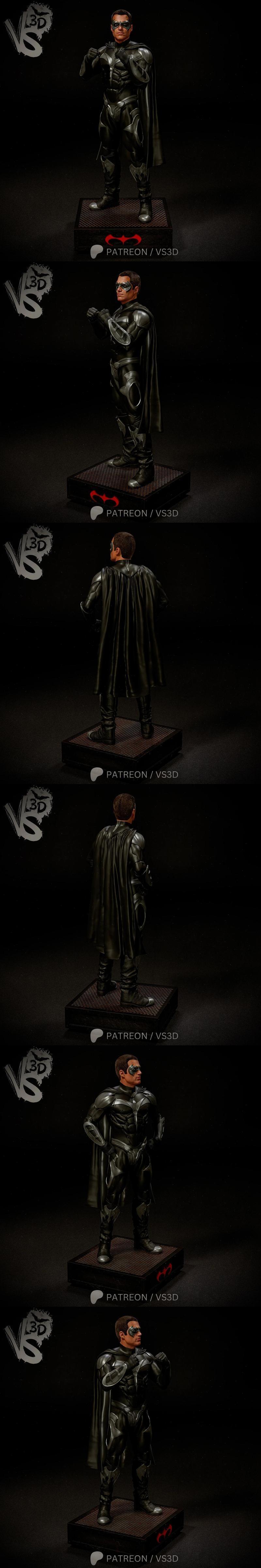 VS3D 3D model of Robin in a black and silver armored suit with a cape and mask, standing heroically on a base.