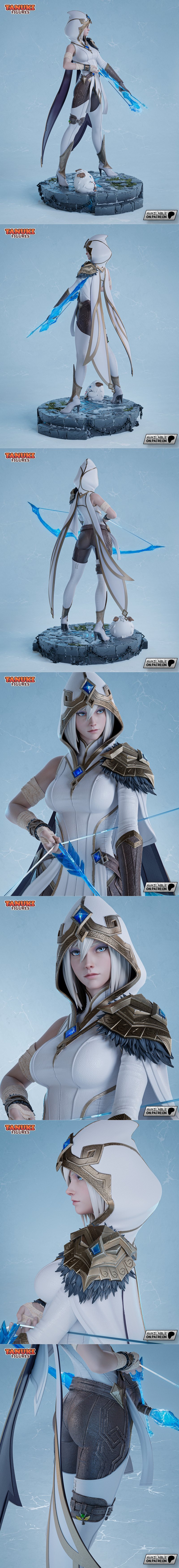 Ashe from League of Legends figure with bow and Poro companion, standing on a stone base. White and blue outfit, hood...