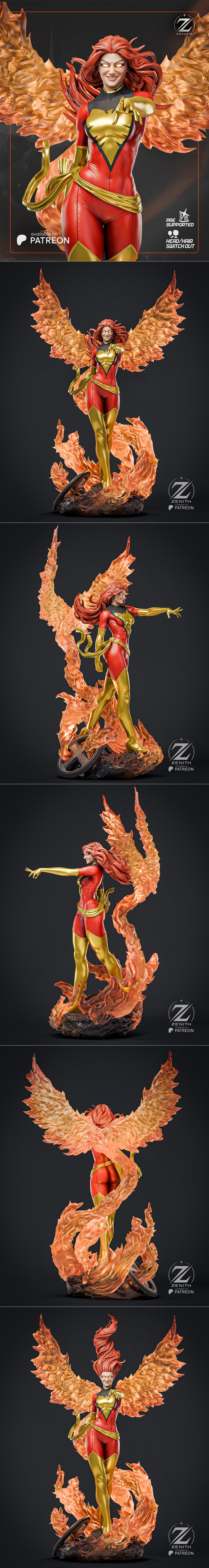 Jean Grey Phoenix figure by Zenith Studios, pointing forward with glowing eyes, wearing a red and gold costume with f...
