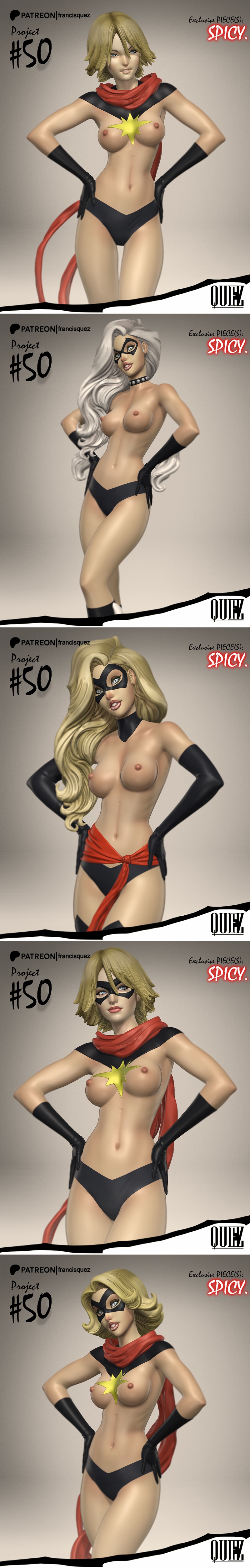Ms. Marvel in a red and black costume with a golden star emblem, black eye mask, and blonde hair, posed heroically. 3...