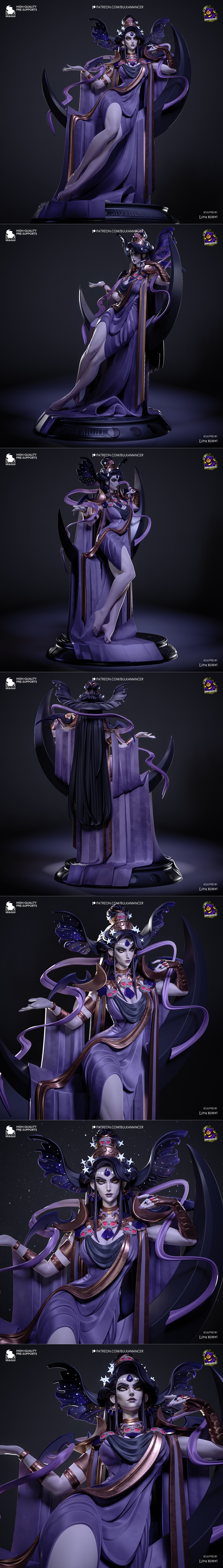 Nyx, goddess of night from Hades, seated regally on a crescent moon throne. She wears flowing purple robes with gold...