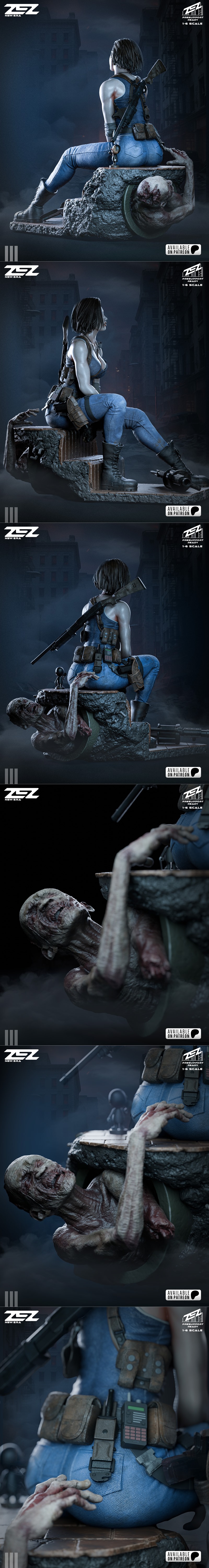ZEZ Studio 1:6 scale 3D model of Jill Valentine from Resident Evil, seated on rubble with rifle, handgun, and grenade...
