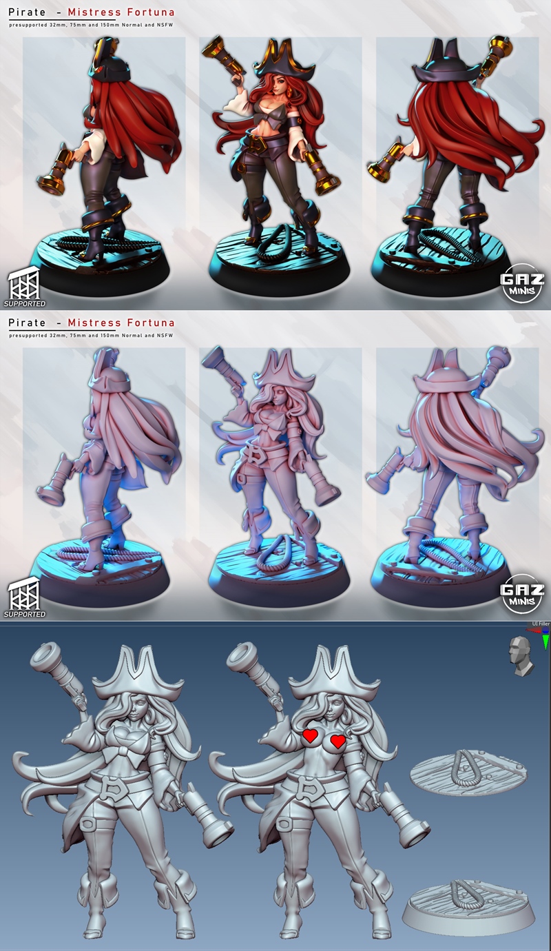 3D model of Miss Fortune from League of Legends, a female pirate with red hair, wearing a pirate hat, revealing top,...