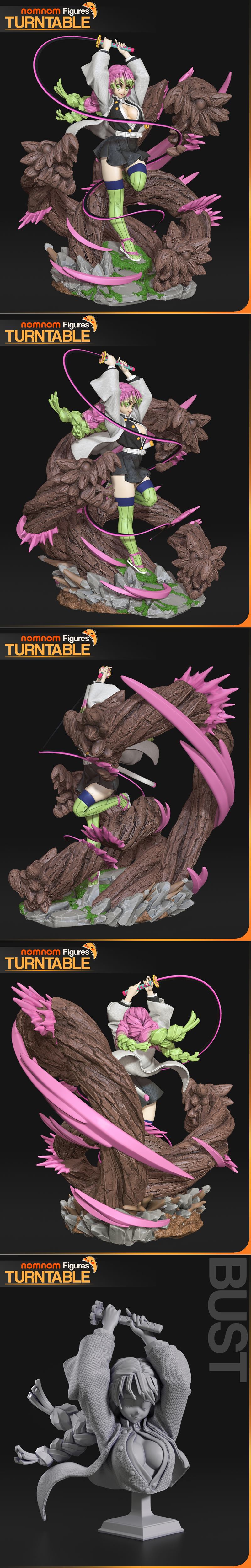 3D model of Mitsuri from Demon Slayer in a dynamic pose, wielding a pink-bladed sword with swirling energy effects, w...