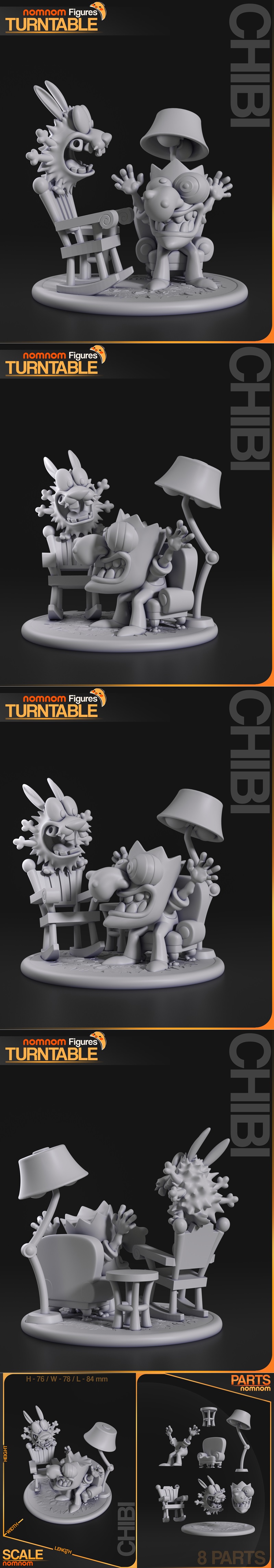 Chibi Courage the Cowardly Dog 3D model diorama with another character in an armchair, a rocking chair, and a lamp.