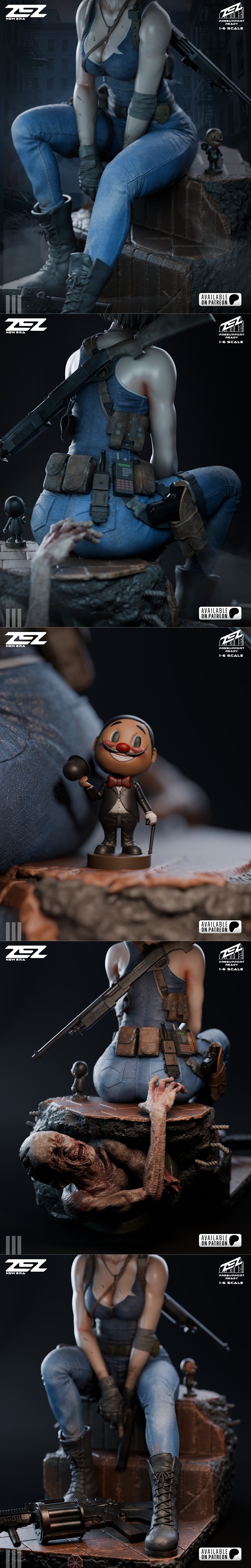 ZEZ Studio 1:6 scale 3D model of Jill Valentine from Resident Evil, seated on rubble with rifle, handgun, and grenade...