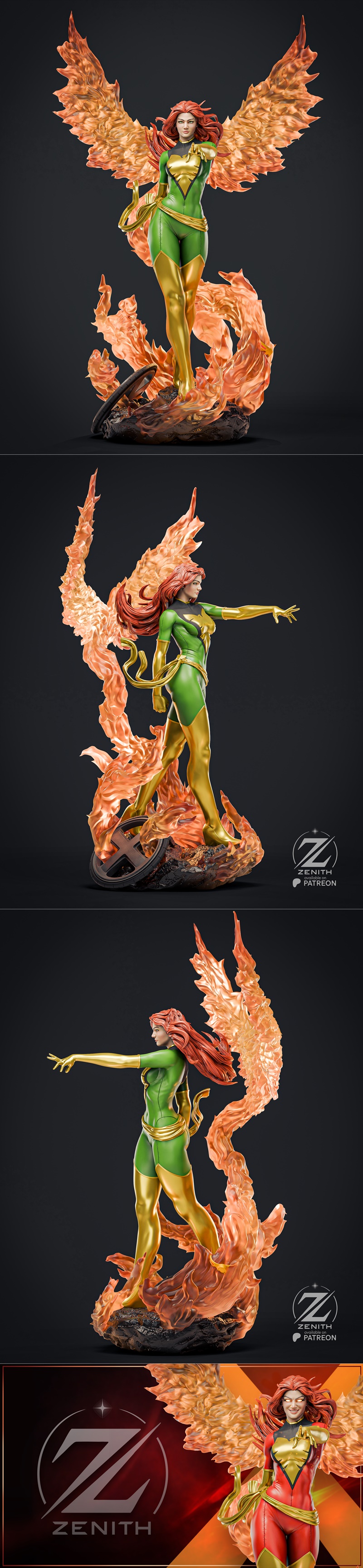 Jean Grey Phoenix figure by Zenith Studios, pointing forward with glowing eyes, wearing a red and gold costume with f...