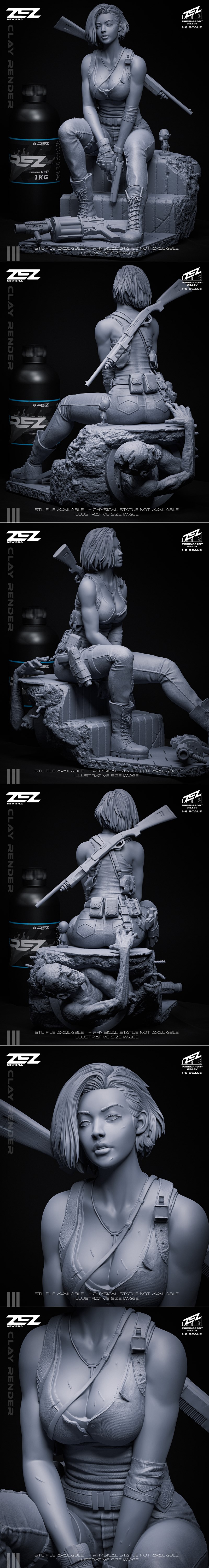 ZEZ Studio 1:6 scale 3D model of Jill Valentine from Resident Evil, seated on rubble with rifle, handgun, and grenade...