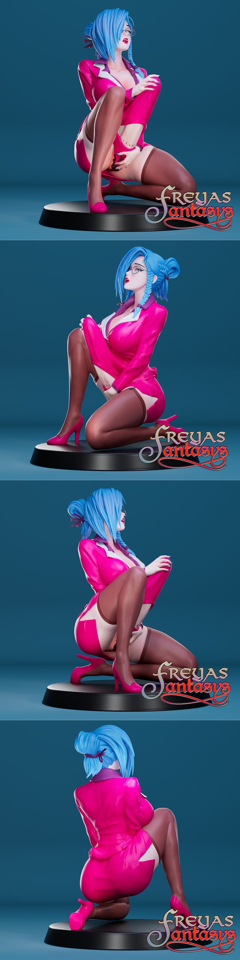 3D model of Jinx from League of Legends, wearing glasses and a pink jacket, with blue hair in pigtails, in a seductiv...
