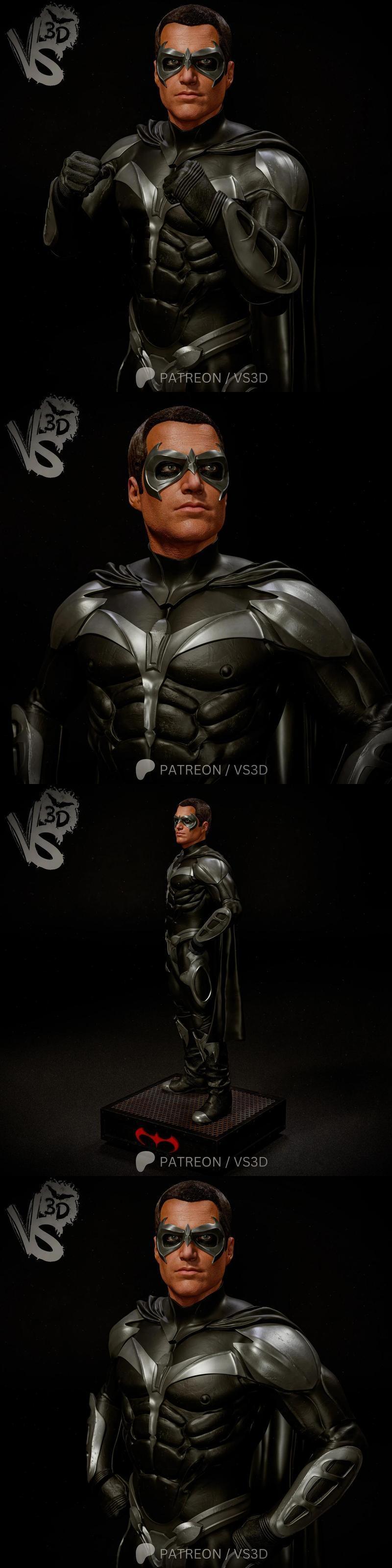 VS3D 3D model of Robin in a black and silver armored suit with a cape and mask, standing heroically on a base.