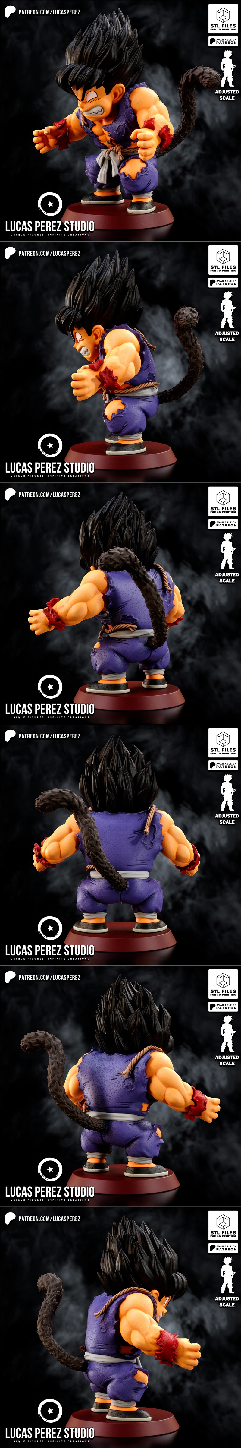 Chibi Goku Ozaru 3D model, muscular, enraged expression, torn purple outfit, white sash, on a red base.