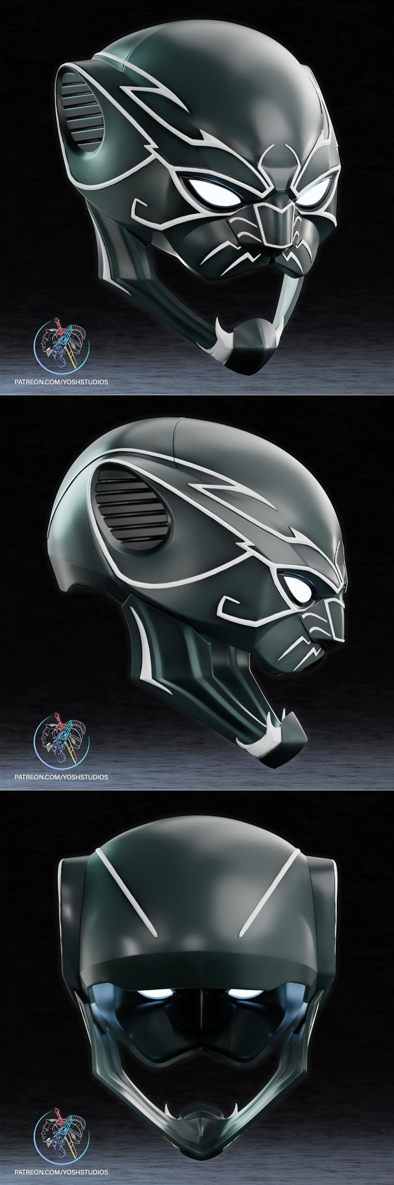 Black Panther mask with glowing white eyes and silver accents, rendered in a dark metallic finish.