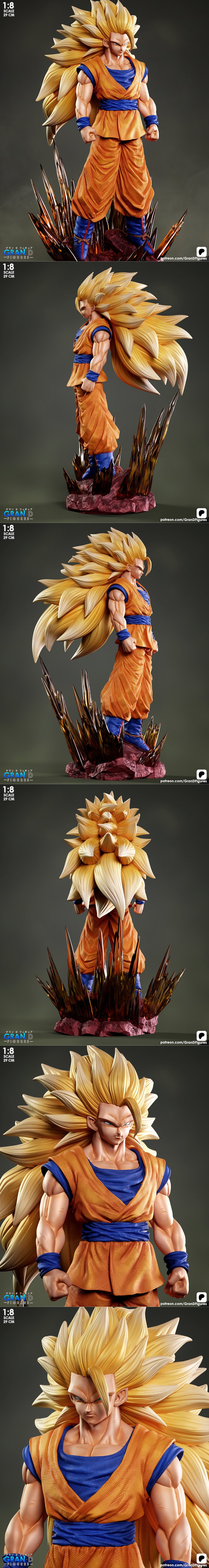 Goku SSj3 figure, 1:8 scale (29 cm), standing heroically on a rocky base with sharp crystals. He wears an orange gi w...
