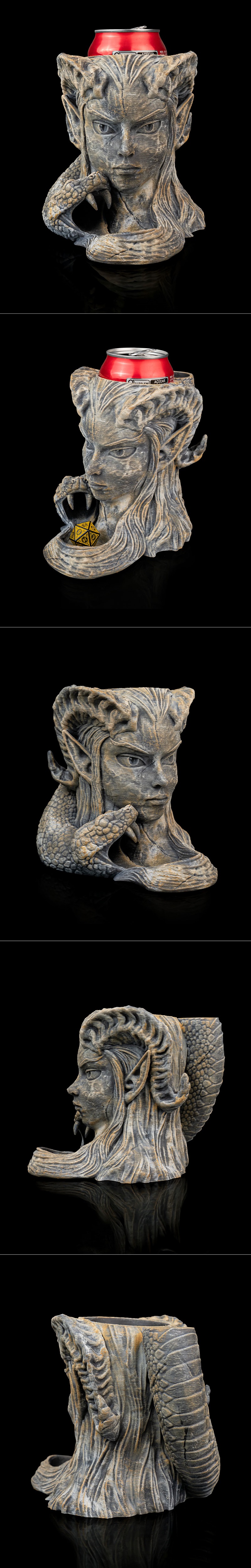 Bust of a female character with elven ears and a coiled serpent, designed as a can holder and dice tower, with a ston...
