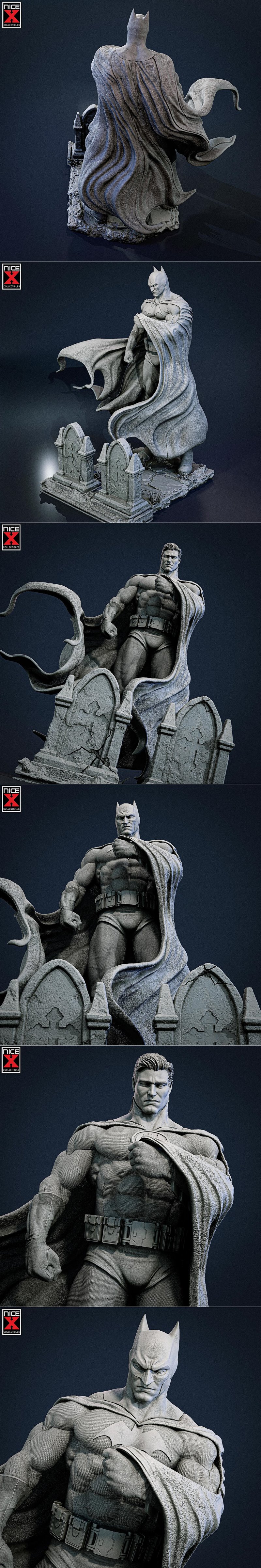 3D model of Batman standing heroically on a graveyard base with two gravestones, cape flowing dramatically.
