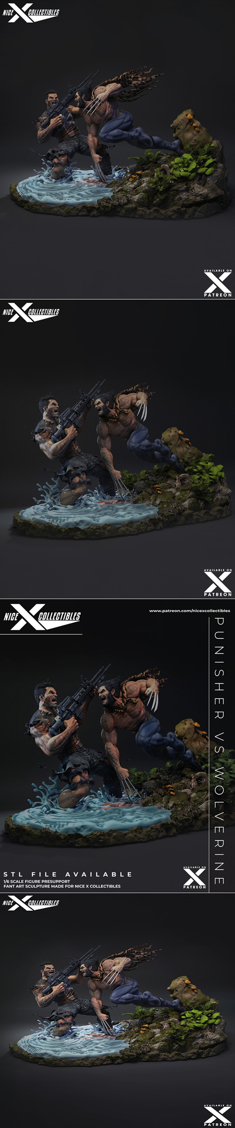 Wolverine with claws extended lunges at Punisher holding an assault rifle, in a dynamic battle diorama sculpted by Ni...