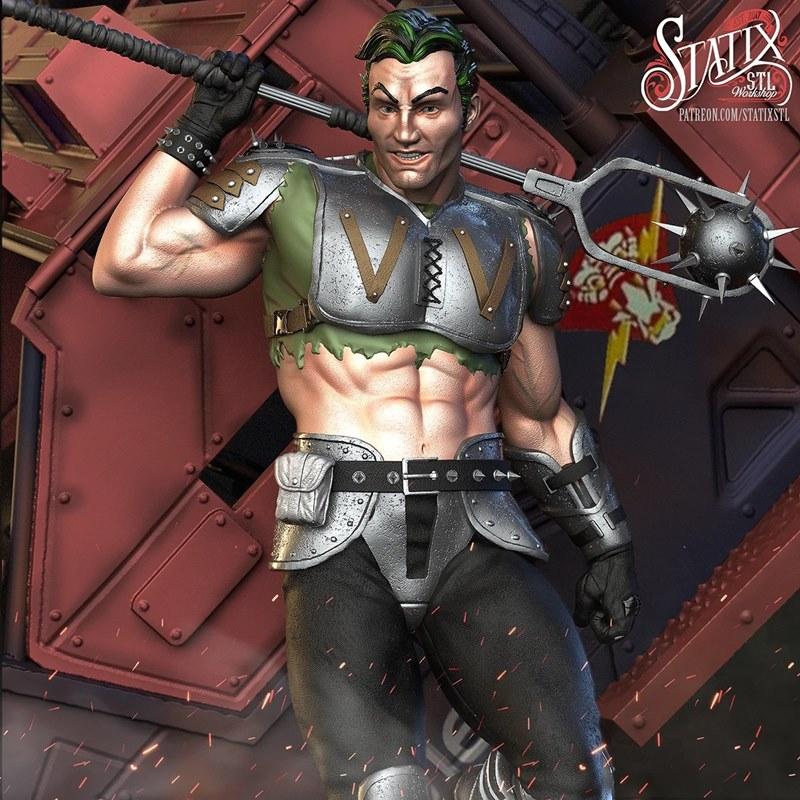 Muscular male figure 'Thrasher' by Statix, wearing segmented metal armor over a tattered green shirt, holding a spike...