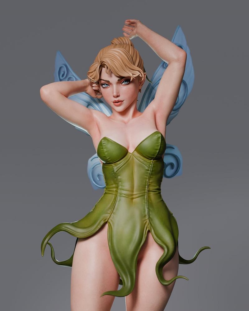 Abe3D Tinker Bell 3D model figure, blonde hair in a bun, blue eyes, wearing a green leaf-like dress, with translucent...