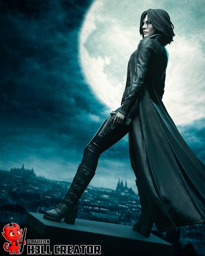 3D model of Selene from Underworld, wearing a long leather coat and holding a gun, standing against a full moon.