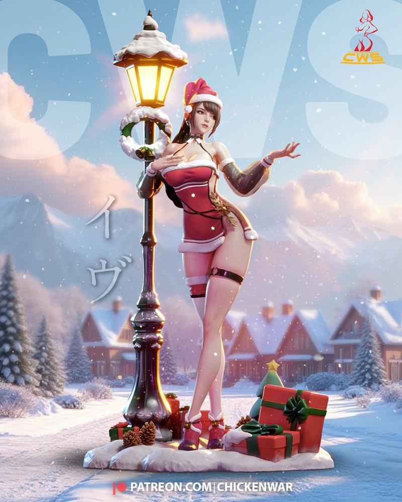 Eve from Stellar Blade in a festive Christmas outfit, posing by a snow-covered lamppost with gifts and a Christmas tr...