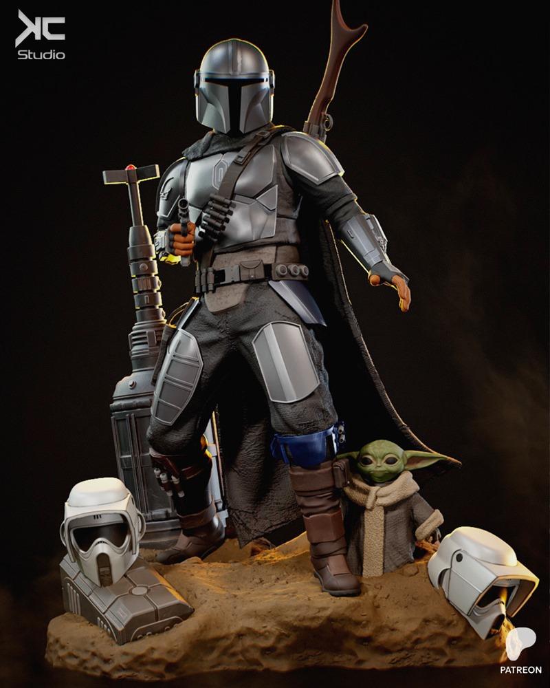 The Mandalorian figure with Grogu, holding a blaster and rifle, standing on a sandy diorama base with scout trooper h...