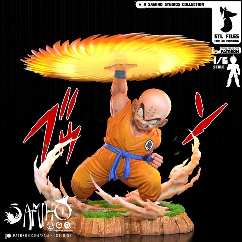 Krillin from Dragon Ball performing a Kienzan attack, holding a spinning energy disc above his head. He wears an oran...