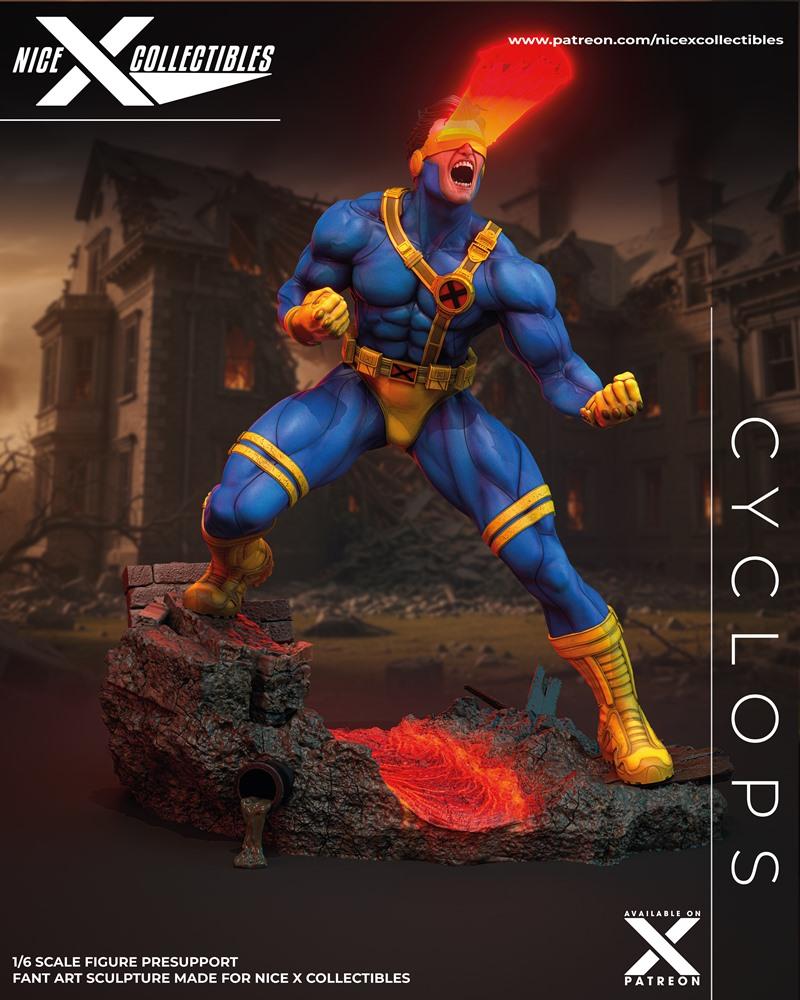 Cyclops figure in blue and yellow costume, mid-action with optic blast firing from visor, standing on a lava-filled r...