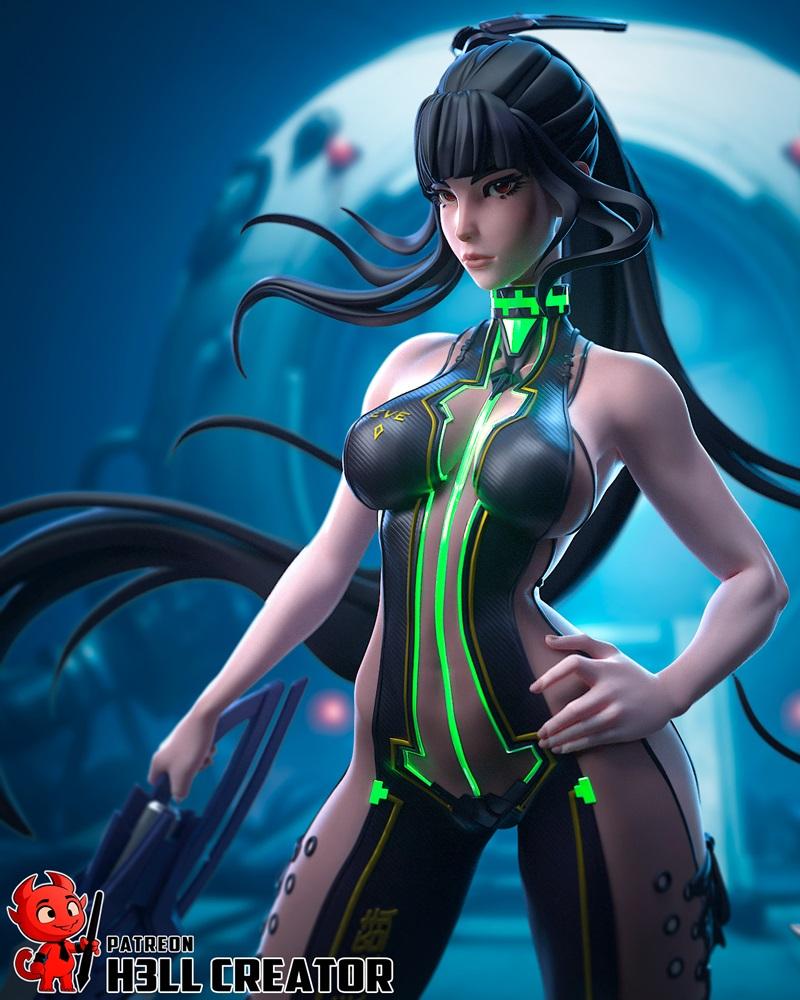 Sci-fi female character Eve in a black and neon green futuristic bodysuit, holding a weapon. Long black hair, dynamic...
