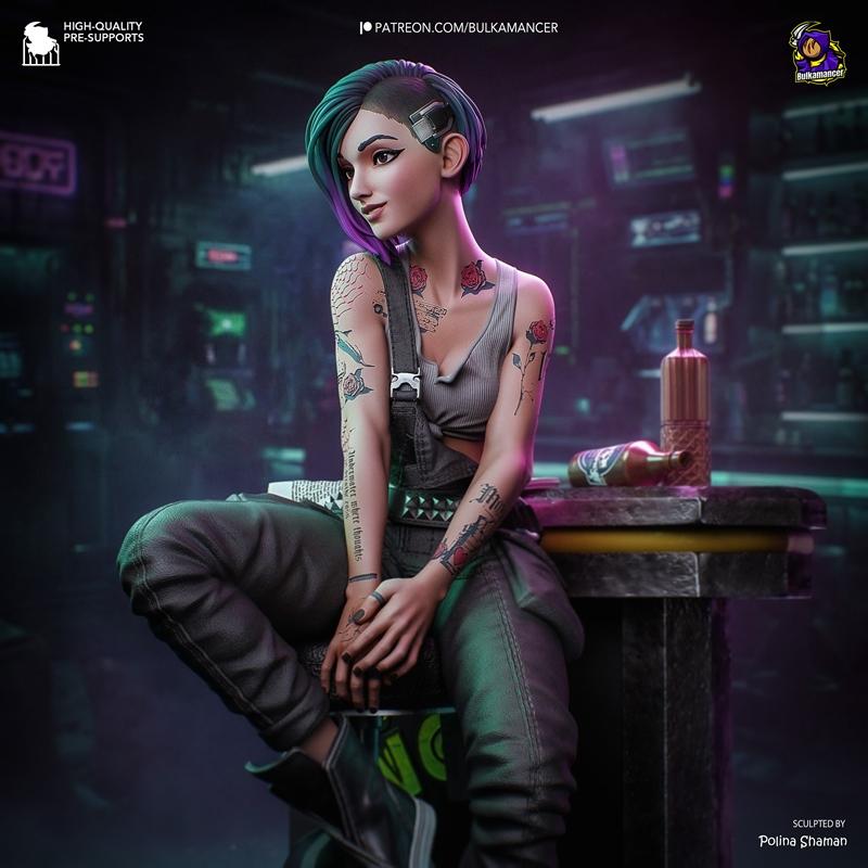 3D model of Judy from Cyberpunk 2077, seated, wearing overalls and a crop top, with teal and purple hair and extensiv...