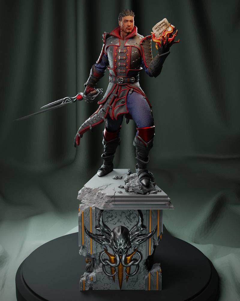 3D model of Wyll Revengard from Baldur's Gate 3, holding a flaming scroll and sword, wearing detailed fantasy armor,...