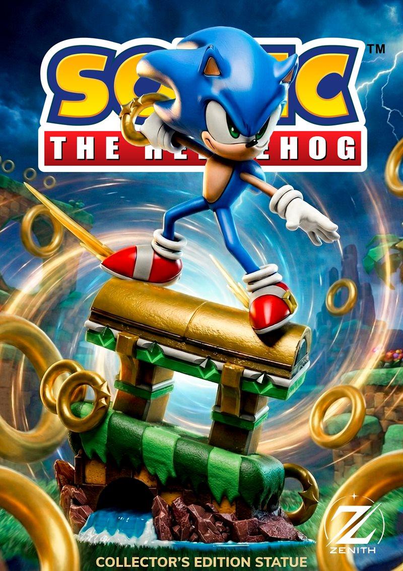 Sonic the Hedgehog in a dynamic pose, running on a golden platform surrounded by golden rings. Zenith Studios collect...