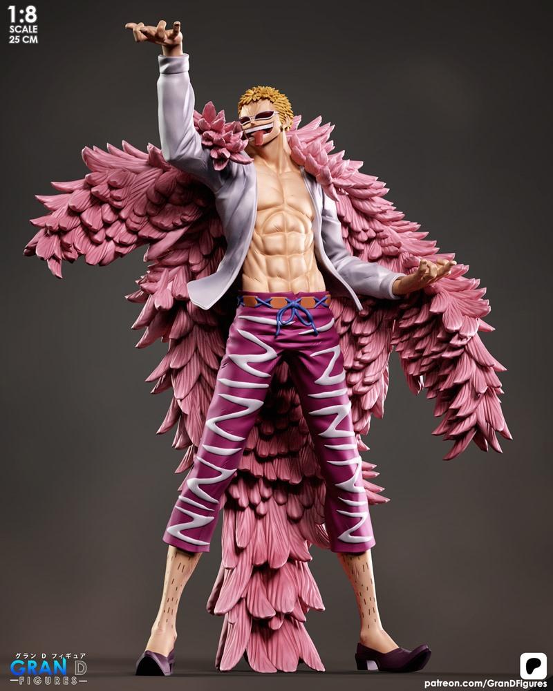 1:8 scale 3D print model of Donquixote Doflamingo from One Piece, wearing a pink feather coat, sunglasses, and purple...