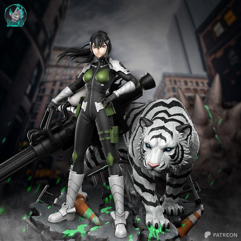Female character in a black and green sci-fi suit stands with a white tiger, holding a large weapon. Urban background...