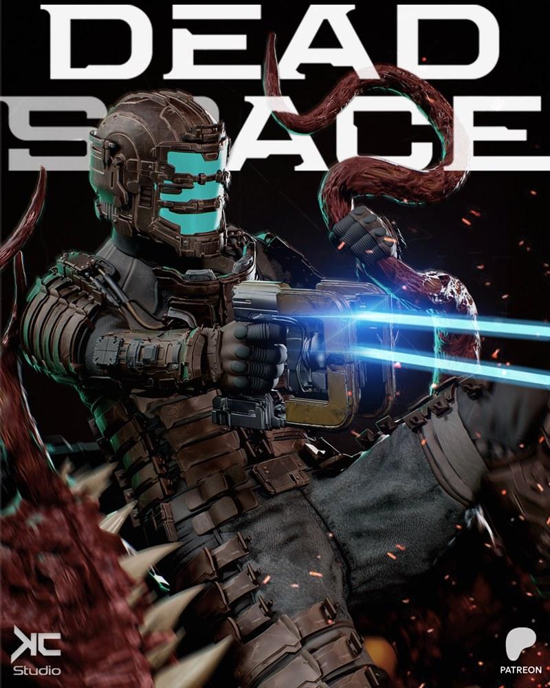 Isaac Clarke in Dead Space engineering suit firing plasma cutter, surrounded by tentacles and debris.
