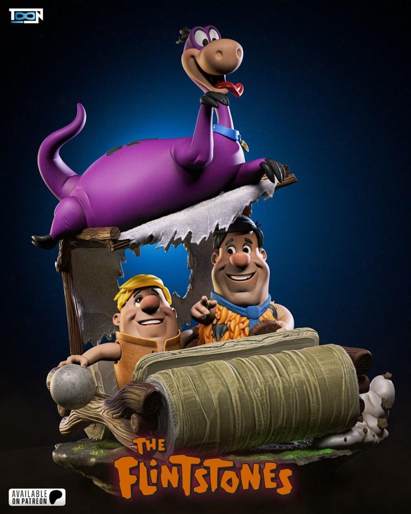 Dino the purple dinosaur rests on a wooden structure above Fred Flintstone and Barney Rubble in a stone-age vehicle,...