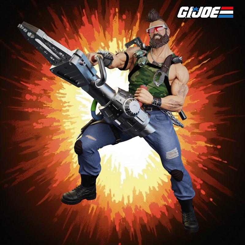 3D model of G.I. Joe character Ripper in a combat stance, holding a large weapon. He has a mohawk, beard, red glasses...