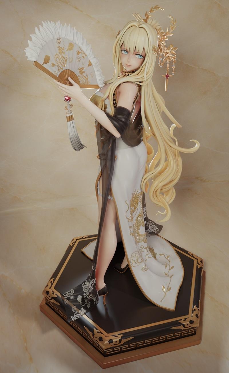 Elegant blonde figure in a high-slit cheongsam with golden dragon embroidery, holding a fan. Features ornate headwear...