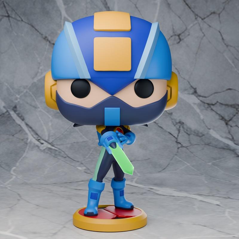 Chibi Rockman figure with blue helmet and armor, holding a green energy sword, standing on a circular base. Stylized...