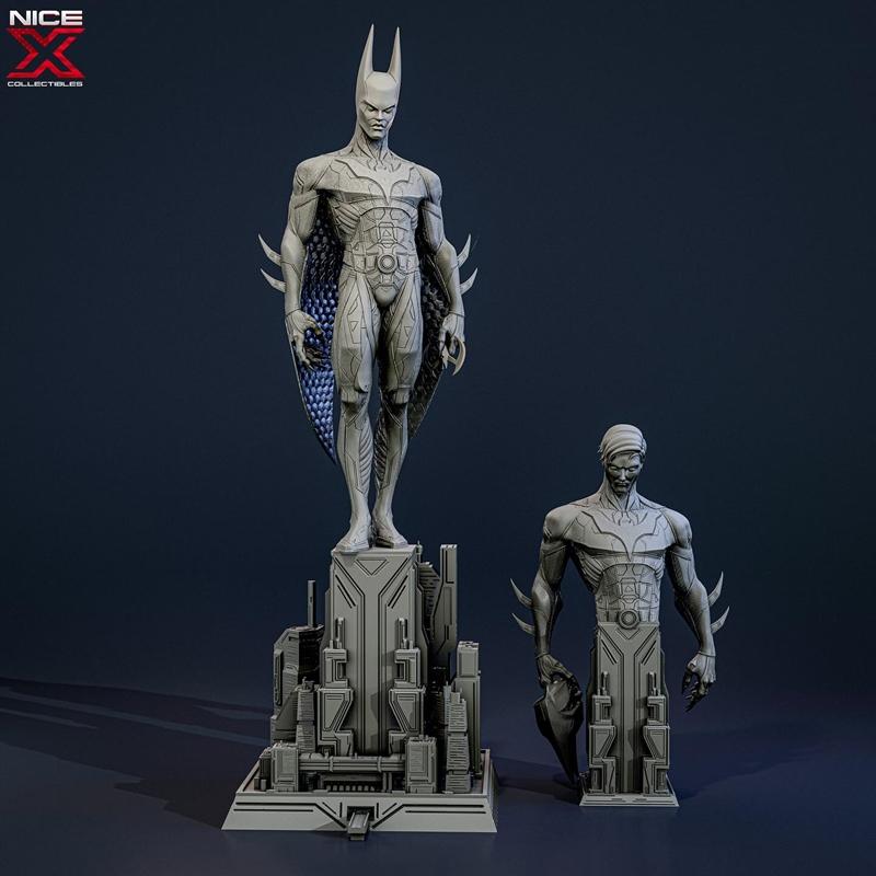Full-body 3D model of Batman Beyond standing on a cityscape base, with a second smaller figure to the right. Both fig...