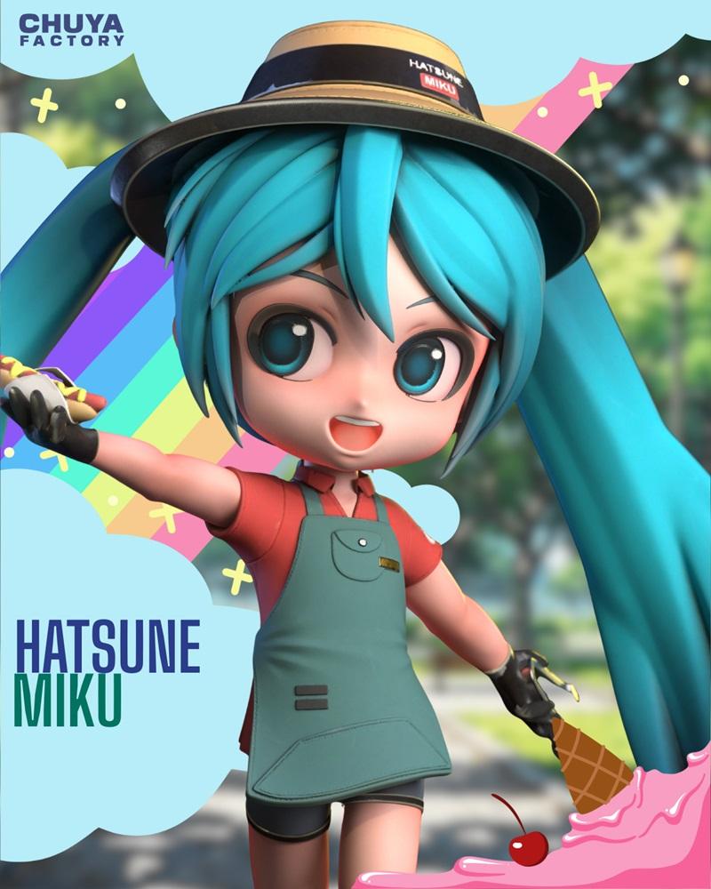 Chibi Hatsune Miku figure wearing a straw hat and apron, holding a hot dog and an ice cream cone, with a rainbow and...