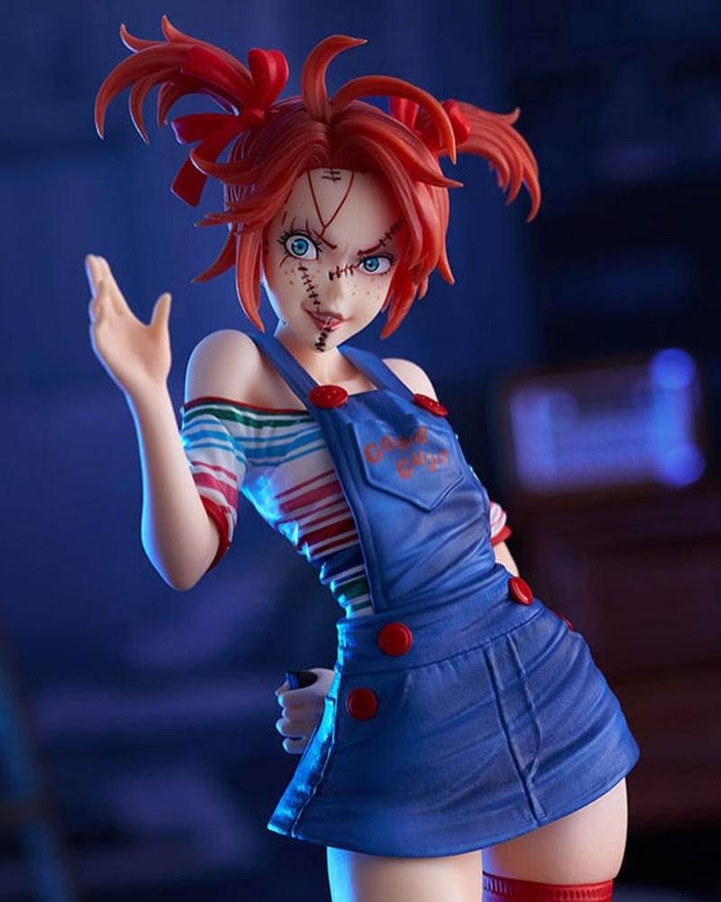 Chucky Girl Bishoujo figure with red pigtails, stitched face, blue overalls, and striped shirt, posed dynamically.