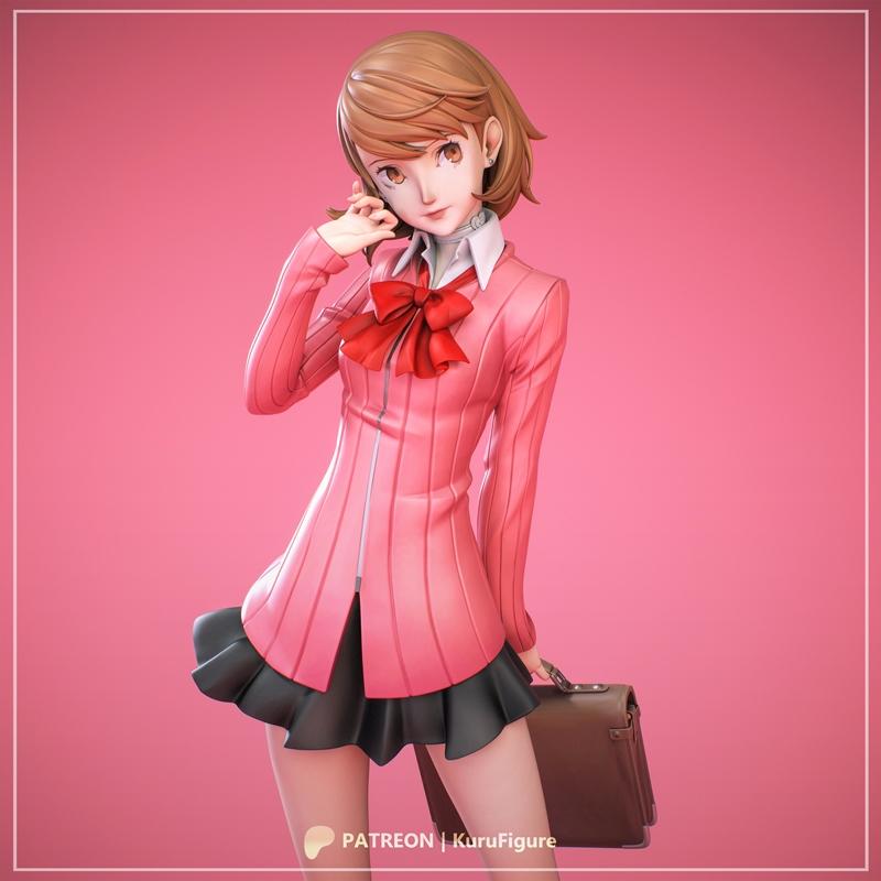 Yukari Takeba from Persona in a pink school uniform with a red bow tie and black skirt, holding a brown briefcase. Ku...