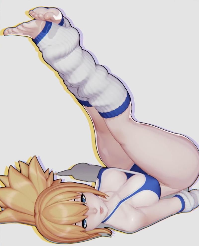 Anime-styled female character Kohaku in a blue bikini and white leg warmers, lying on her side with legs raised. Blon...