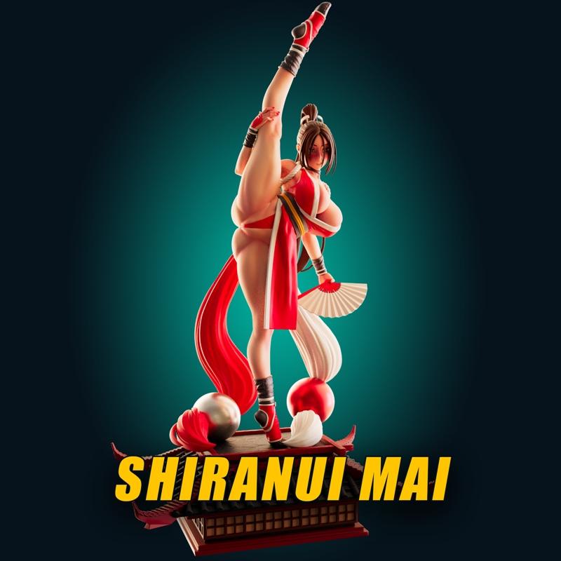 Mai Shiranui 3D model in a high kick pose, wearing a red and white outfit with a fan. Officer Rhu studio.