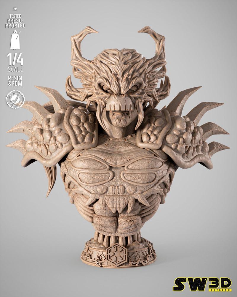 SW3D Darth Krayt portrait bust 3D model, 1/4 scale, detailed armor, horned helmet, Imperial insignia base.